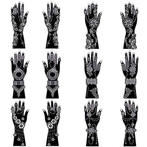 Xmasir 12 Large Sheets Henna Tattoo Stencil Kit for Hand Forearm Body Paint, Indian Arabian Temporary Tattoo Templates for Women Girls (S8)