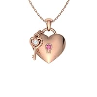 Natural and Certified Gemstone and Diamond Love Lock and Key Heart Necklace in 14k White Gold |0.02 Carat Pendant with Chain