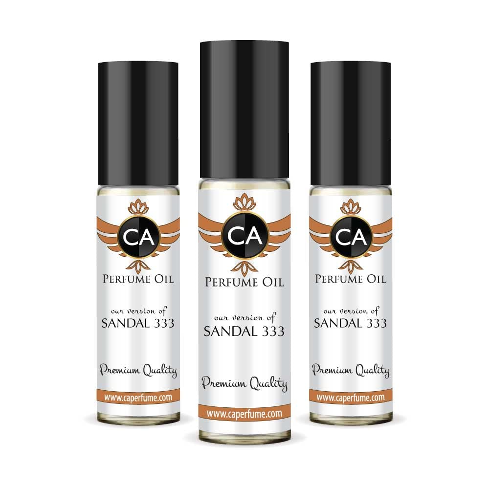 CA Perfume Impression of Sandal 333 For Men Replica Fragrance Body Oil Dupes Alcohol-Free Essential Aromatherapy Sample Travel Size Concentrated Long Lasting Attar Roll-On 0.3 Fl Oz-X3