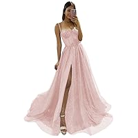 Flower Sparkly Tulle Long Prom Dresses for Teens Spaghetti Straps Sweetheart Formal Evening Ball Gown with Slit
