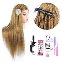 26 Inch Makeup Mannequin Head Long Straight Hair Dresser & Practice Long Training Head Brown Synthetic Hair with 50% Real Hair Braiding Manikin Head Doll Cosmetology Head And Clamp(Makeup on, 27)