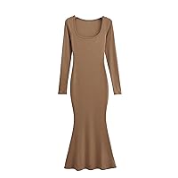 Womens Square Neck Long Sleeve Dress Long Formal Party Evening Gown Dress Fishtail Bodycon Cocktail Maxi Dress