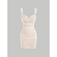 Frill Trim Ruched Bustier Cami Dress (Color : Apricot, Size : Large)