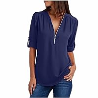 Womens Business Casual Tops Plus Size Solid Roll Up Half Sleeve Tunic Shirts Zip Up v Neck Work Office Blouses