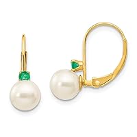 14k Yellow Gold Polished 6 6.5mm White Freshwater Cultured Pearl .07ct. Emerald Leverback Earrings Measures Jewelry Gifts for Women