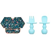 Bumkins Sleeved Bib and Baby Utensils Set for Self-Feeding, Dipping, Eating, Baby Led Weaning