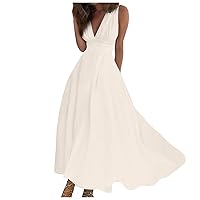 Formals Maxi Sexy Sundress Ladies Valentines Day Short Sleeve Button V Neck Cocktail Women's Polyester Print Beige M