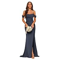 Women's Cold Shoulder Bridesmaid Dresses Long Satin Mermaid Prom Dress Slit Formal Gowns