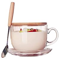 16oz Morning Mug Clear Glass Tea Cup Coffee Mug with Bamboo Lid and Saucer,Spoon for Breakfast Tea,Milk,Beverage,Oats,yoghurt