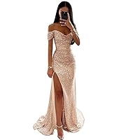 Sparkly Sequin Prom Dresses Long with Slit Off The Shoulder Bridesmaid Mermaid Long Dress Ruched Sparkly Formal Evening Gown
