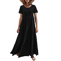 Maxi Dress for Women 2024 Summer Flowy Asymmetric Tiered Swing Beach Dresses Casual Crewneck Short Sleeve Long Dress