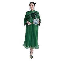 Women's Dress Silk Peony Embroidery Dress Loose Chinese Element Connect Shoulder Sleeve Dress 2627