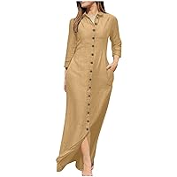 Womens Casual Button Down Shirt Dress Long Sleeve Maxi Blouse Dresses Lapel Flowy Summer Beach Long Dress with Pockets
