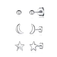 Silver Stud Earrings for Women Girls Teens, 3 Pairs 925 Sterling Silver Cute Round Ball Star Moon Stud Earring, Hypoallergenic Small Cartilage Tragus Stud Earring Set in Silver/Gold/Rose Gold