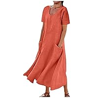 Prime Membership Women Maxi Dress Trendy Summer Cotton Linen Dresses Casual Loose Baggy Flowy Sundress Short Sleeve Crewneck Pocket Dress Vestidos De Fiesta Mujer Elegantes Orange