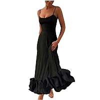 Women's Premium Sling Dress Spaghetti Strap A-Line Pleated Tiered Dress Ruffled Hem Evening Dress Cocktail Party Gown