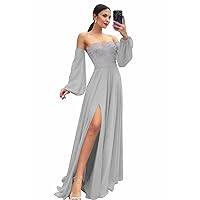 Lace Beaded Prom Dresses Off Shoulder Long Sleeve Chiffon Wedding Guests Dresses for Women Formal Gowns