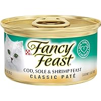 Fancy Feast Wet Cat Food Pate - Classic Cat Pate with Cod, Sole & Shrimp Feast (3 Oz Cans, Pack of 12) - Grain Free Canned Cat Food Includes Attached Encyclopedia - Cat Can Food