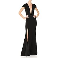 DRESS THE POPULATION Women's Leah Plunging Illusion Cap Sleeve Crepe Gown with Slit Dress