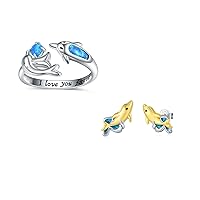 -21.27% 925-Sterling-Silver Blue Opal Dolphins Ring and 18K Two Tone Gold Dolphin Stud Earrings Sets
