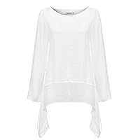 Women Linen Fashion Flowy High-Low Hem Tunic Tops Summer Long Sleeve Crewneck Casual Loose Solid Patchwork Tee Shirt