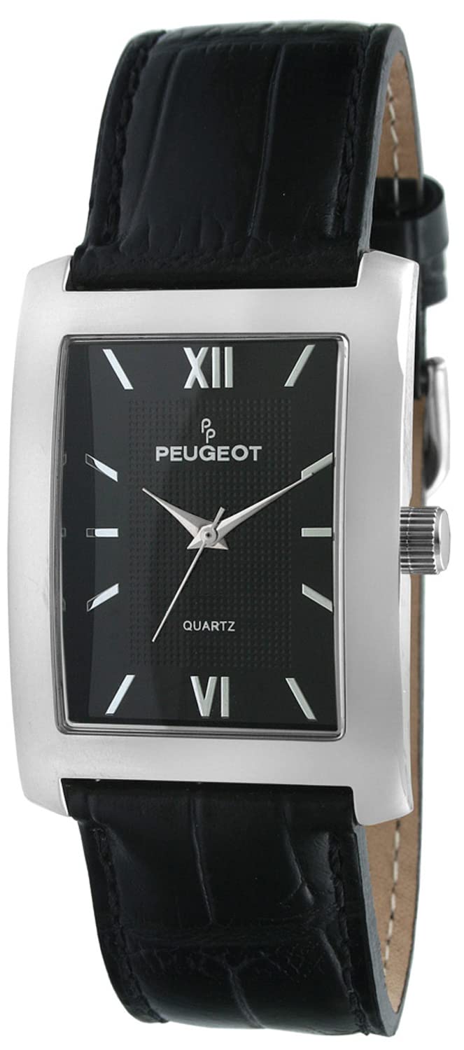 Peugeot Men's Rectangular Textured Roman Numeral Dial Classic Dress Wrist Watch with Leather Strap Band