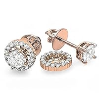 1.00 Carat (ctw) 18K Rose Gold Round Diamond Halo Stud Earrings with Removable Jackets
