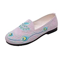 Peacock Embroidered Women Soft Cotton Fabric Loafers Ladies Casual Slip On Flat Shoes Comfortable Walking Shoes