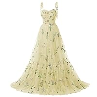 Women's Flower Embroidery Prom Dress Spaghetti Straps Ruched Floor Length Tulle Fairy Formal Party Gown 2024 HO019