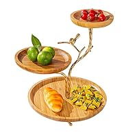 LANDTOM 3-Tier Fruit Basket Electroplating Metal Stand Decorative Fruit Bowl Rack Bamboo Wooden Storage Trays Table Countertop Holder for Vegetables Bread Snack for Kitchen Home Use, Gold (Type D)