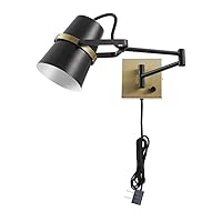 Globe Electric 51345 1-Light Plug-in or Hardwire Swing Arm Wall Sconce, Matte Black, Brass Accents, 6ft Black Woven Fabric Cord, Flat Plug, Rotary On/Off Switch, Wall Lighting, Bulb Not Included
