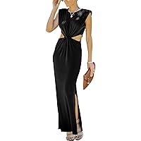 Womens Side Cutout Padded Shoulder Summer Long Bodycon Dress Sleeveless Slit Club Party Maxi Dresses