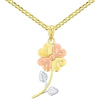 14K Yellow Gold & Rose Gold Textured Tri Color Celtic Four Leaf Clover Charm Pendant Cuban Chain Necklace