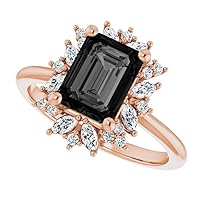 Love Band 3 CT Halo Emerald Shape Black Diamond Engagement Ring 14K Rose Gold, Star Burst Emerald Black Diamond Ring, Snow Flake Emerald Black Diamond Ring, Engagement Ring For Her