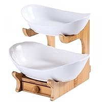 Tmore 2 Tier Fruit Bowl for Kitchen Counter, Ceramic Fruit Basket Set with Drawer for Vegetable Storage, Porcelain Snack Bread Cake Tray Plate Rack for Party Wedding (2 Tier White)