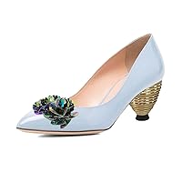 XYD Women Sequins Closed Pointed Toe Slip On Pumps Patent Leather Mid Low Cone Metallic Heel Evening Party Event Dressy Shoes