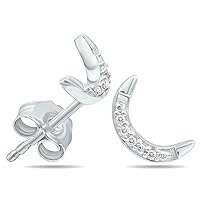 Diamond Crescent Moon Stud Earrings in .925 Sterling Silver