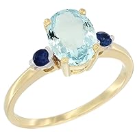 14K Yellow Gold Natural Aquamarine Ring Oval 9x7 mm Blue Sapphire Accent, Sizes 5 to 10