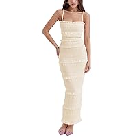 Women Y2k Spaghetti Strap Maxi Dress Sleeveless Low Cut Backless Long Cami Dress Bodycon Party Going Out Dress (Champagne, S)