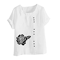 Linen Going Out Tops for Women Dandelion Printed Short Sleeved T-Shirt Tunics Round Neck Button Blouse Tees Work Clothes