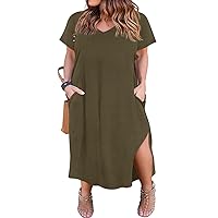 RITERA Plus Size Dresses for Women V Neck Casual Loose Pocket Short Sleeve Slits Maxi T Shirt Dress Summer Sundress XL-5XL