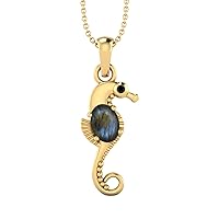 Seahorse Fish Pendant! 7X5mm Oval Shape Labradorite and 2mm Round Black Spinel 925 Sterling Silver 18