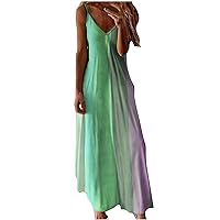 Maxi Dresses for Women Sexy V Neck Spaghetti Strap Sleeveless Color Block Cami Long Dress Loose Casual Summer Beach Sundress