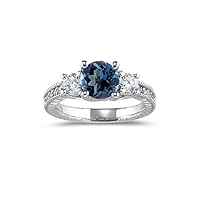 0.55 Cts Diamond & 1.42 Cts London Blue Topaz Ring in 14K White Gold