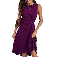 Womens Spring Summer Casual Dress Round Neck Ruched Front Solid A-Line Sleeveless Dress