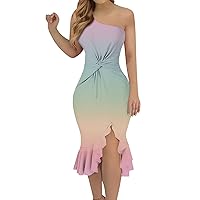 Ruffle Dress for Women One Shoulder Sleeveless Bodycon Pencil Dress Gradient Elegant High Low Bodycon Party Guest Dress