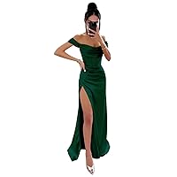 Off Shoulder Mermaid Prom Dress with Slit Long Satin Bridesmaid Dresses Corset Formal Party Gowns HS009