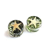 Marine Style Plug Earrings Handmade Resin Ear Plugs and Tunnels Ocean Nautical Jewelry Pair Green Moss Starfish gauges Earring Beach Wedding Plug