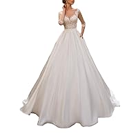 Women's Illusion 3/4 Sleeves Lace Satin Bridal Ball Gowns Church Long Train Wedding Dresses for Bride