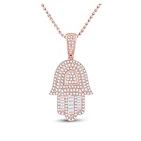 10K Rose Gold Mens Stylish Baguette Diamond Hamsa Hand Necklace Pendant 3/4 Ctw.
